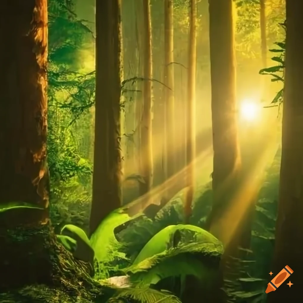 Lush jungle and flora with sun shining through the trees onto a log ...
