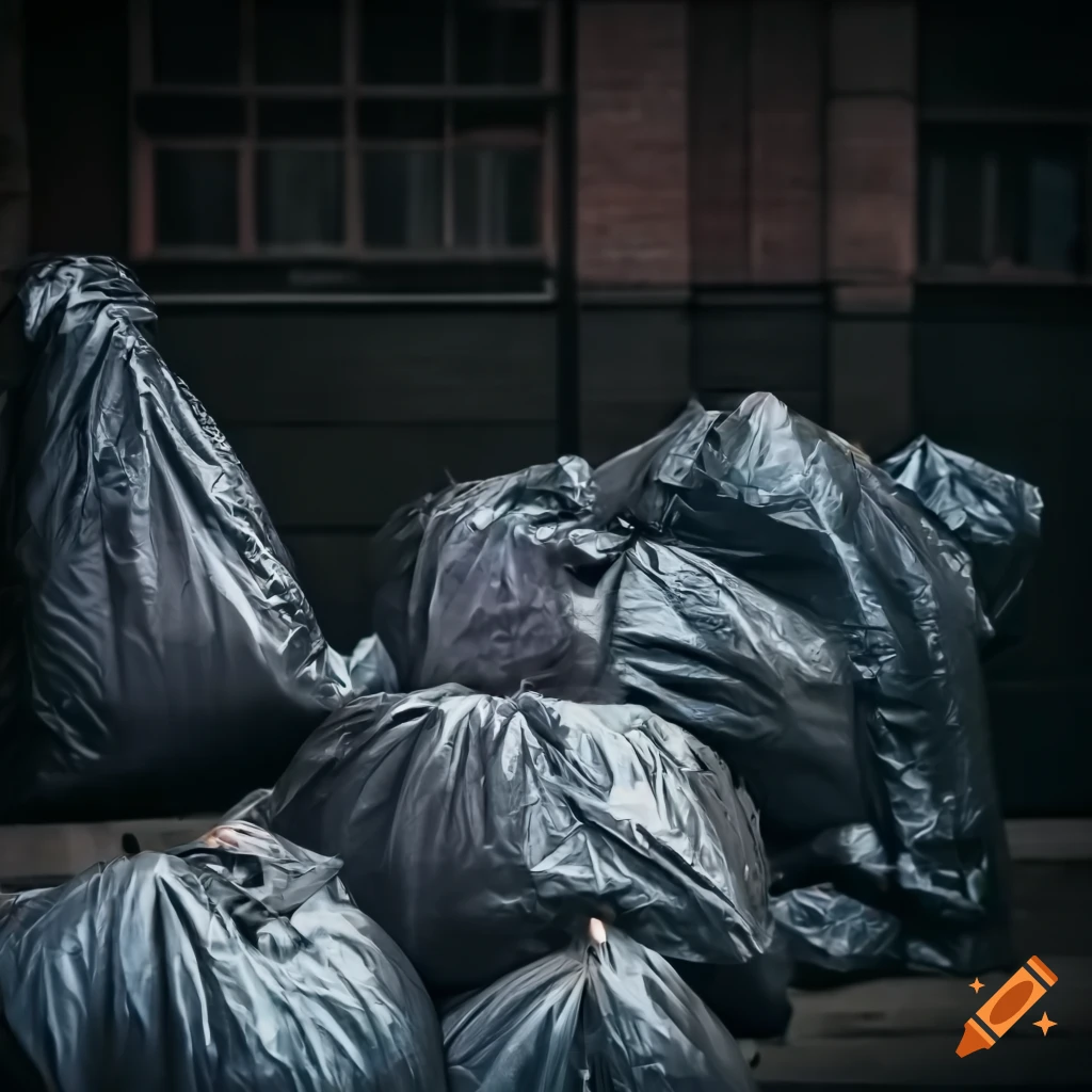 Professional shot of a pile of green and black garbage bags overloaded in a  truck, particulate, detailed portrait, soft lighting, stunning, delicate  details, low angle view on Craiyon