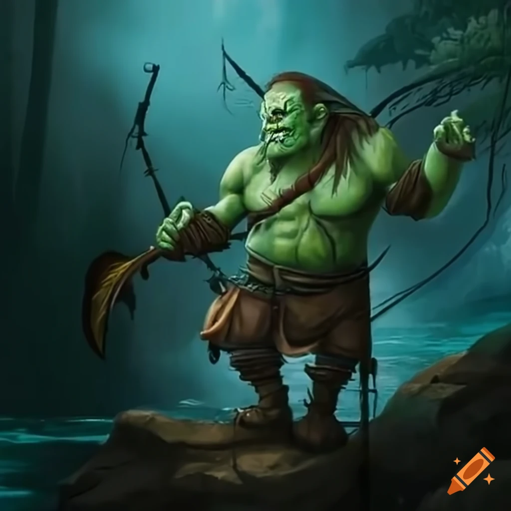 An orc fishing by the river with a giant fishing rod