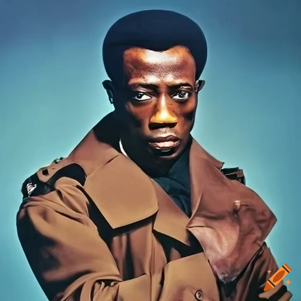 Wesley snipes as blade, 1960 afro hair and brown trench coat, green ...