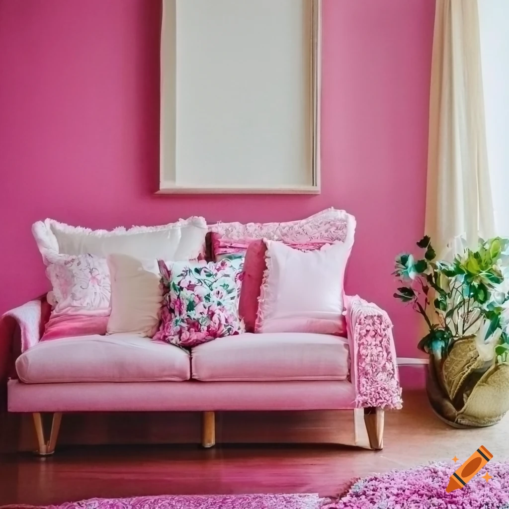 A living room, pink, pink sofas, pink floor, pink walls, pink flowers
