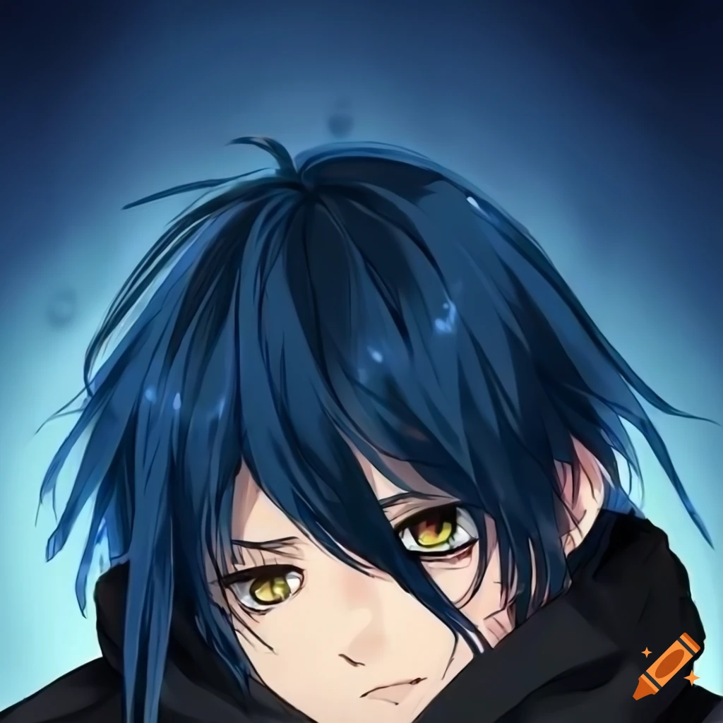 Anime style short young man with long dark blue hair with a braid and ...