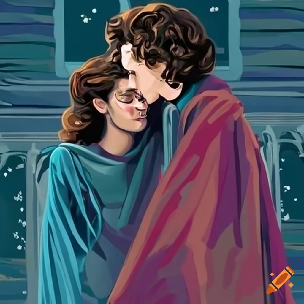 Timothée Chalamet and Emmy Rossum in the world of manacled. While Emmy is sleeping on the veranda from the Black family mansion, of Harry Potter, covered from lots of blankets and Timothée watching her from a window above. Both of them looking pale and it’s raining