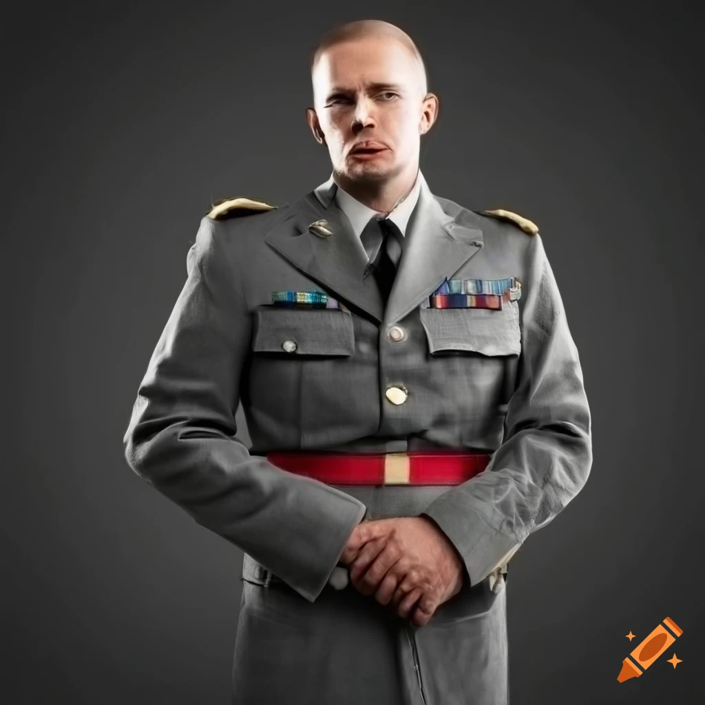 Portrait of a proud man wearing a grey military service dress uniform on  Craiyon
