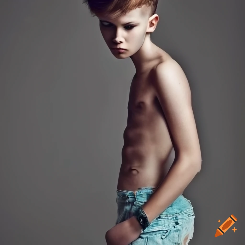 Skinny distressed boy wearing shorts side view on Craiyon