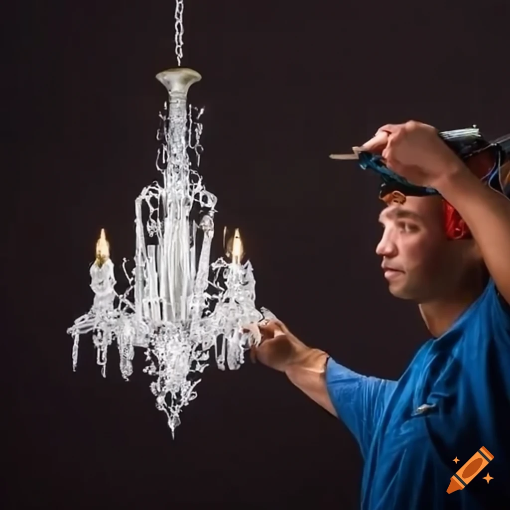 An electrician performs the installation of a chandelier in a new house