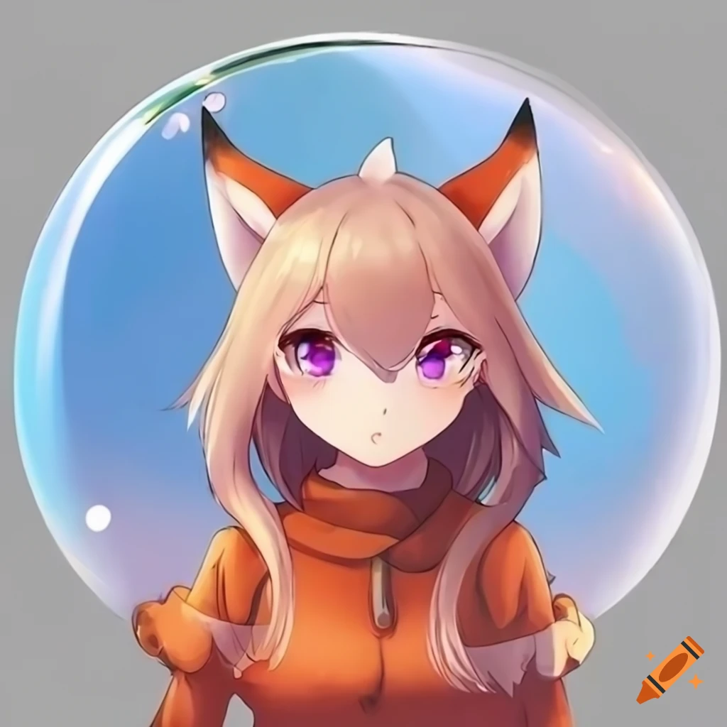Anime illustration of a fox girl in a bubble