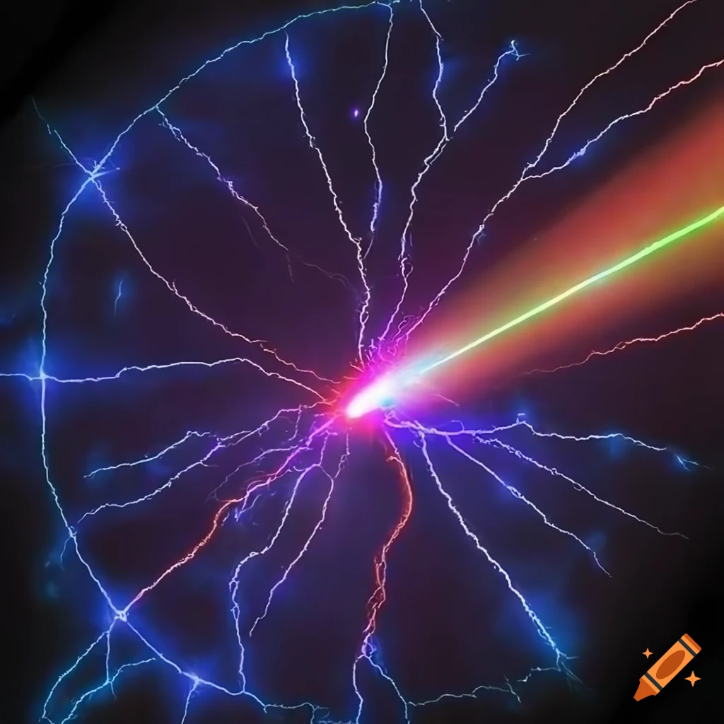 Dazzling lasers in front of branching lightning, particle beams
