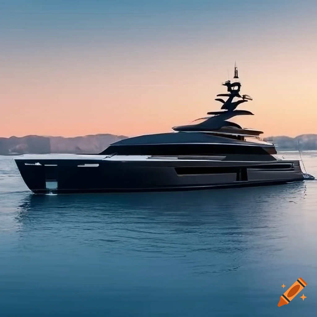 A sleek luxury yacht with a black matte finish on Craiyon