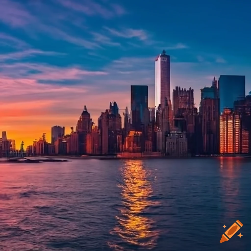 Breathtaking sunset over the manhattan skyline and hudson river