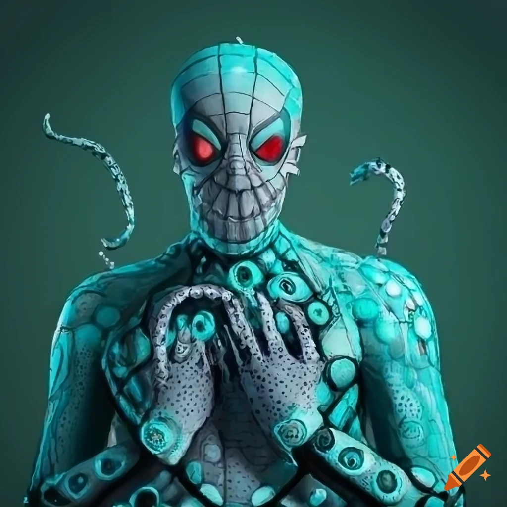 Alfredo molina as otto octavius in comics-accurate superior octopus  costume, white mesh, teal octopus pattern, lime dots, inspired by  spider-man, mechanical tentacles on Craiyon