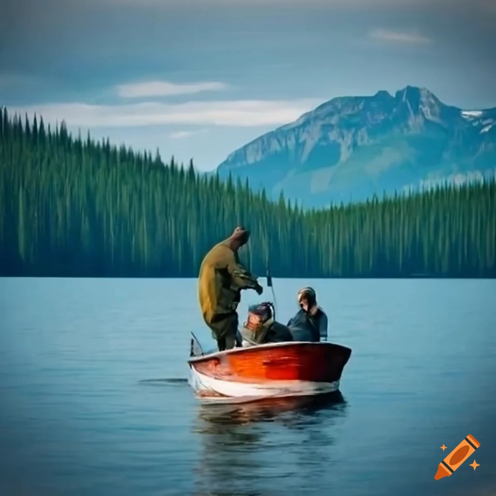 Two men on a boat fishing on a lake in canada, one catching a fish