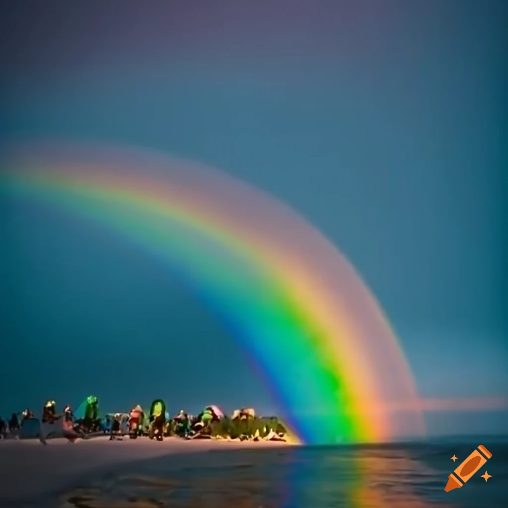 Aspect ratio 1:1.41 beach party during night with people and a rainbow ...