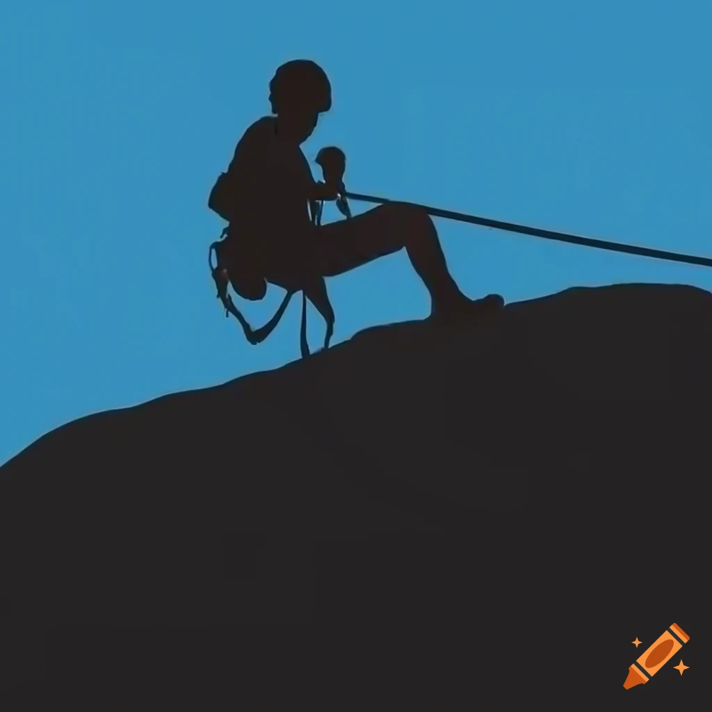 Silhouette of a person abseiling from a rock close up, side view