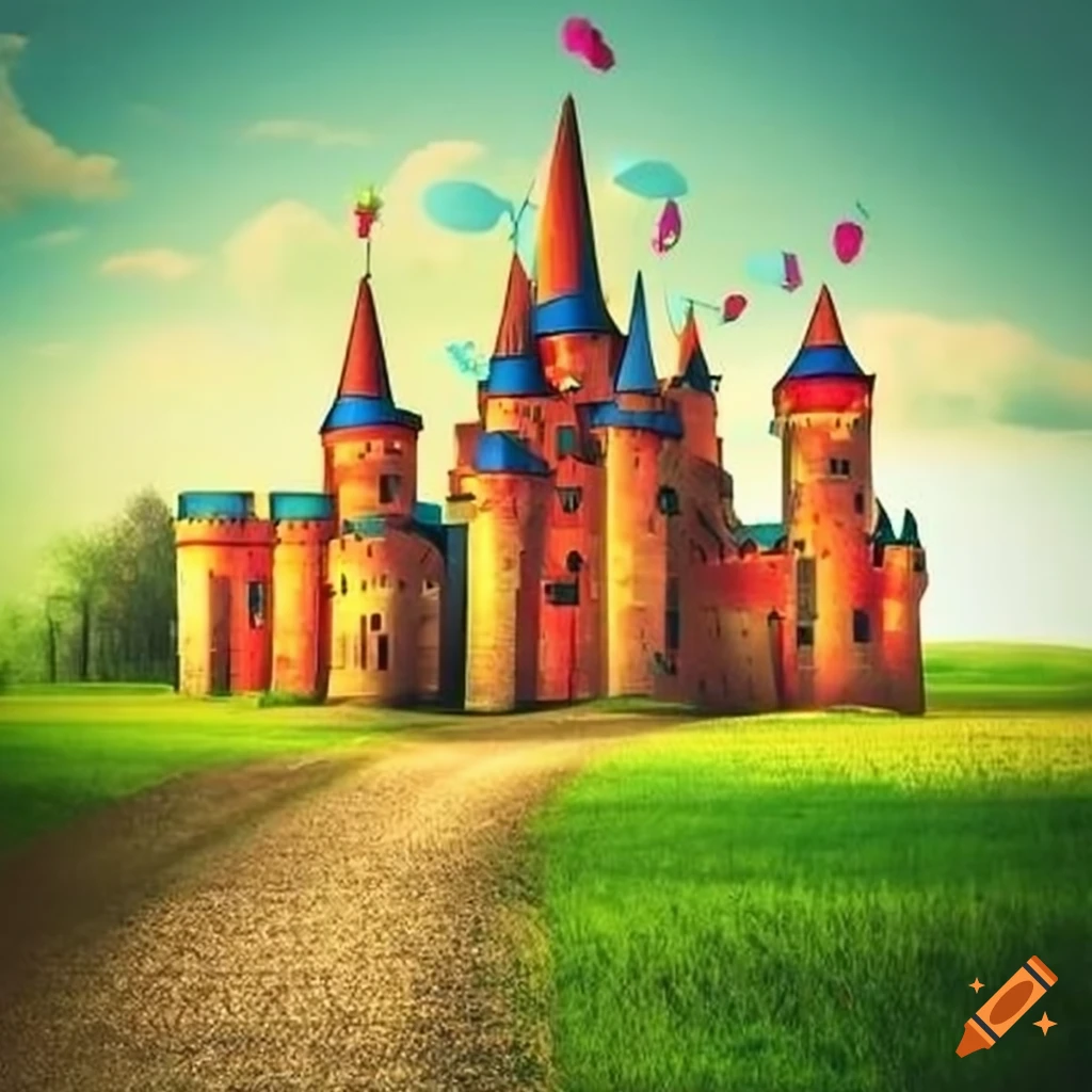 A colorful castle behind grassy road