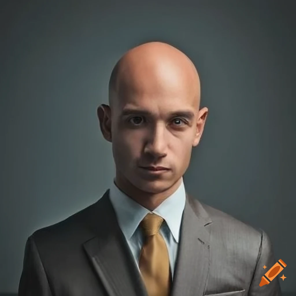 Bald american, no logo, male, thin, suit, 30s on Craiyon
