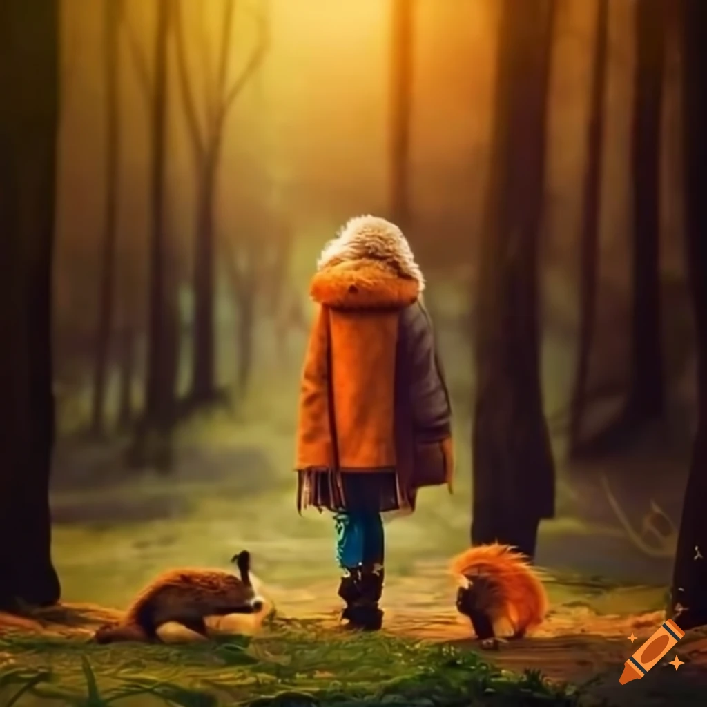 Girl looks the mountains in the forest with a fox