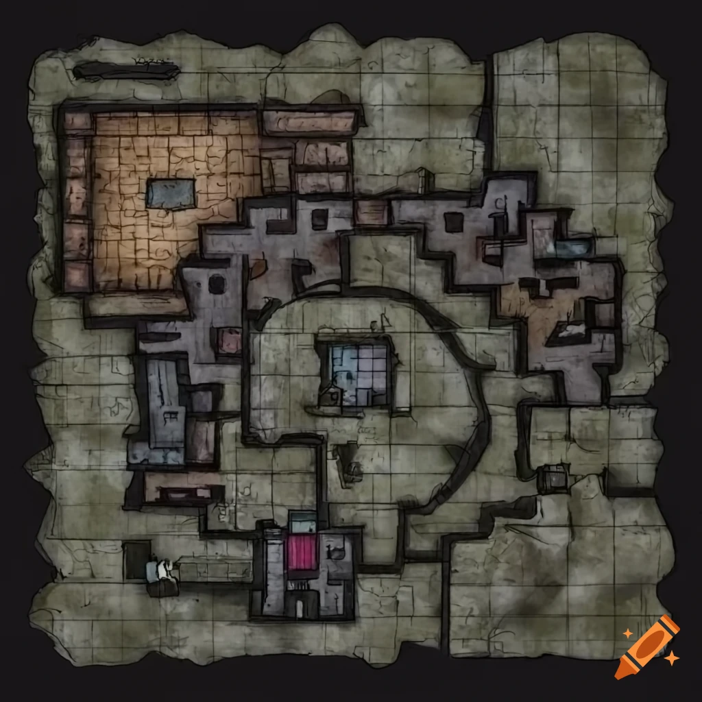 Draw a layout of a big dungeon map, with a lot of rooms. add some traps ...