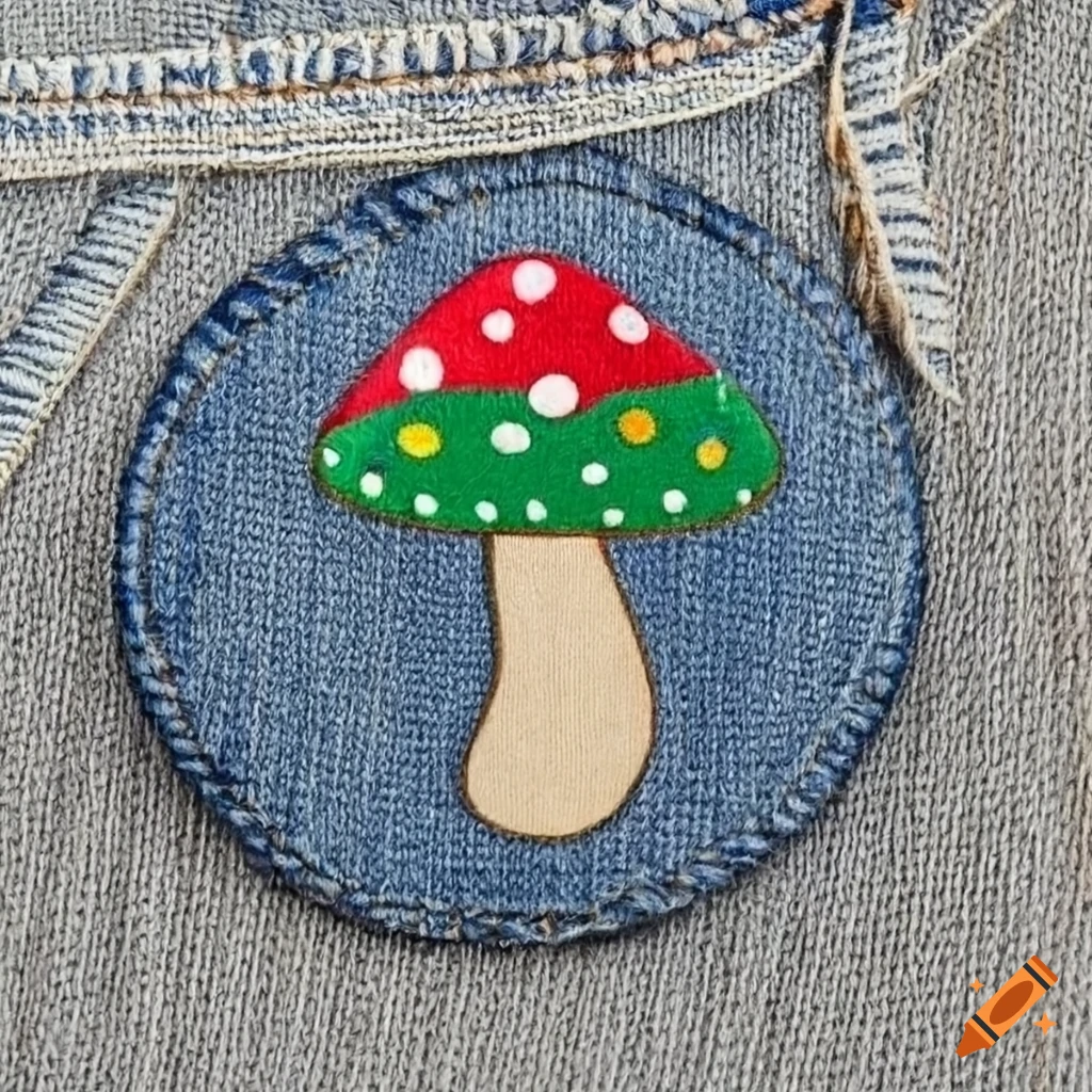 Colourful mushroom badge on denim