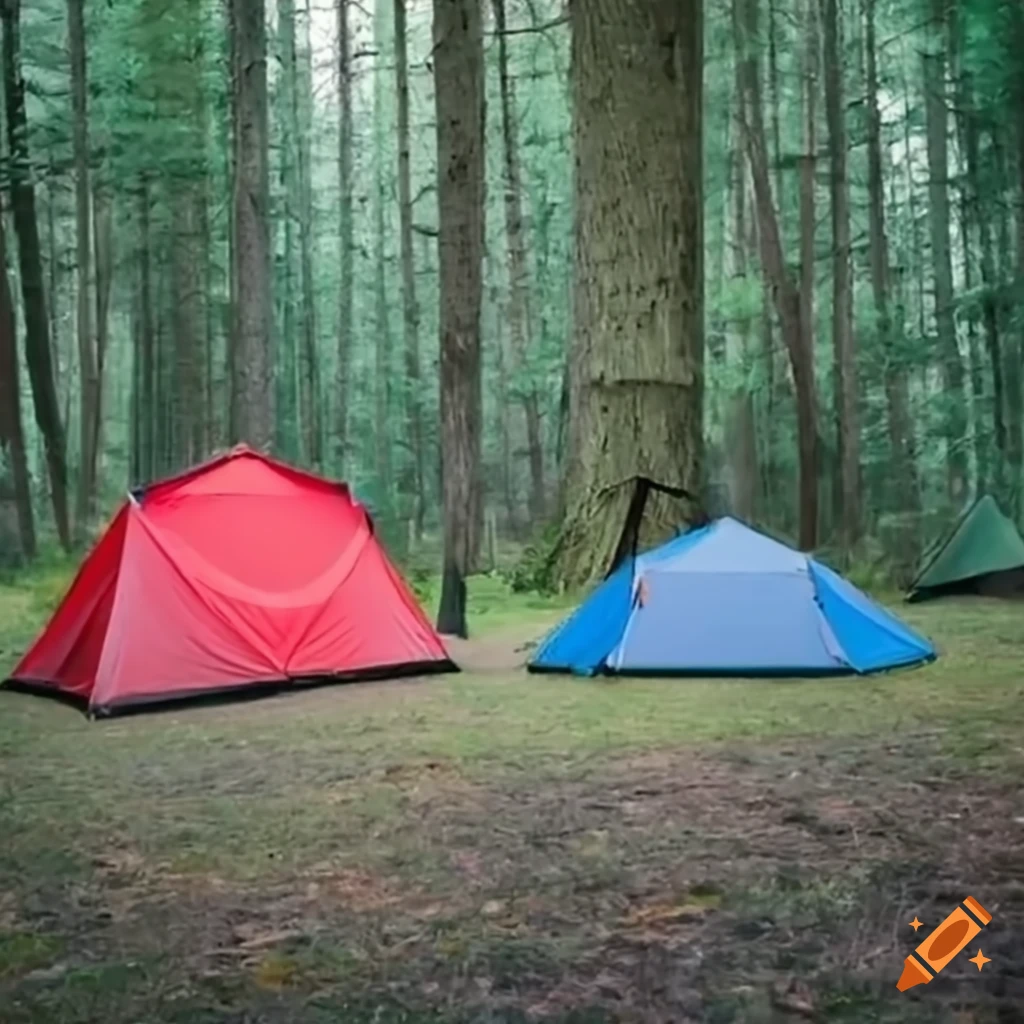 Red tents next to blue tents in a forest, wide shot