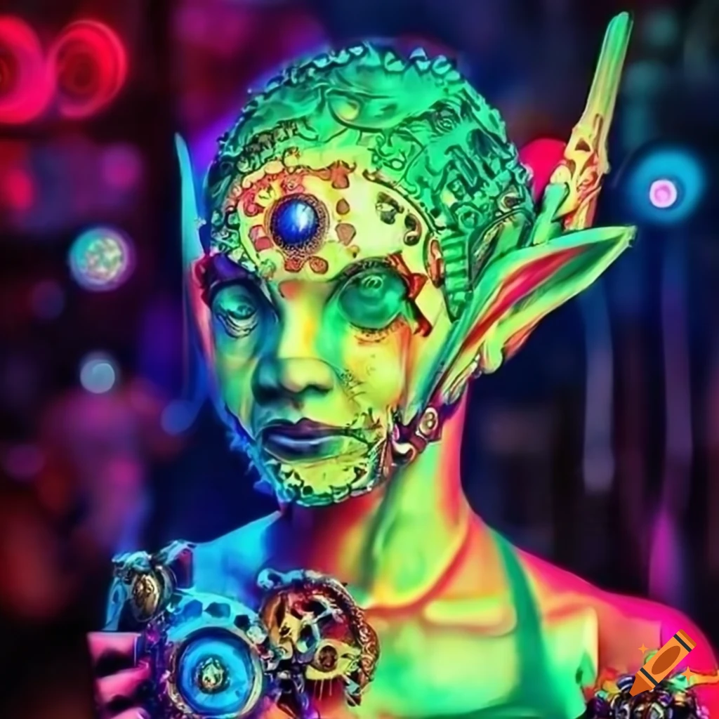 Neon rainbow psychedelic clockwork elves steampunk god on Craiyon