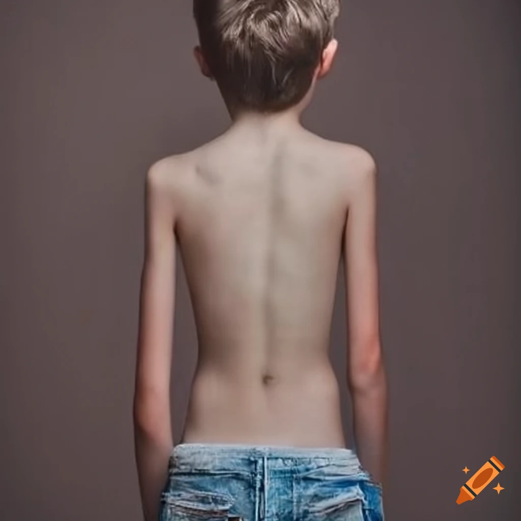 Skinny distressed boy age 12. standing, back adjacent to wall on