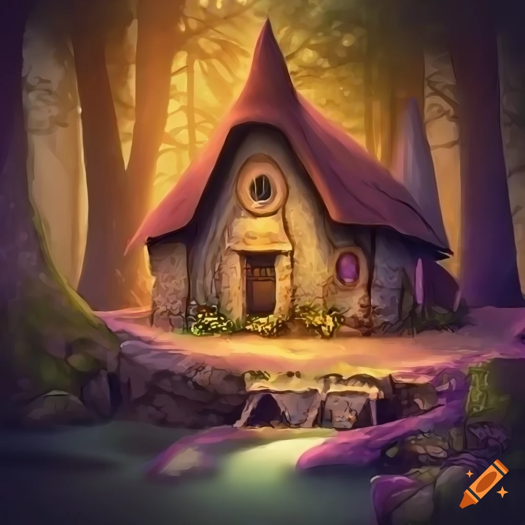 Witch cottage in enchanted forest with stone bridge over ravine
