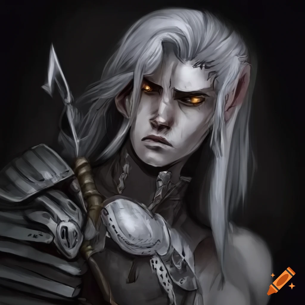 Anime undead half elf man with dark grey hair and grey skin and yellow ...