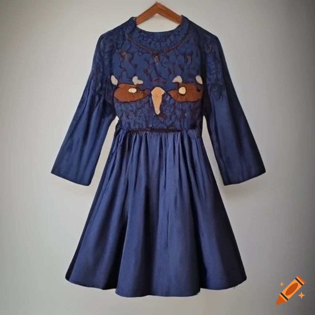 Bird, louis wain style, 1960's, navy blue, brown, dress