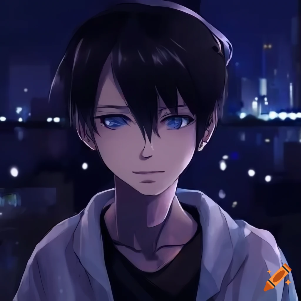 Anime.anime boy.dark.dark anime style.black anime.blue eyes.