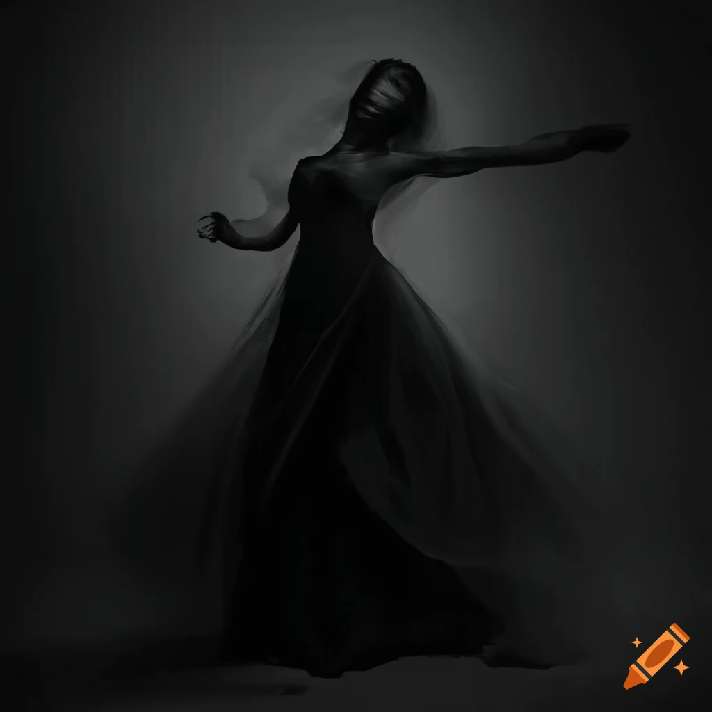 A mysterious figure dancing with flowing robes and dark aura in black ...