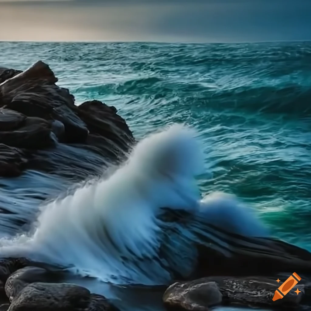intense wave crashing on rocky shore