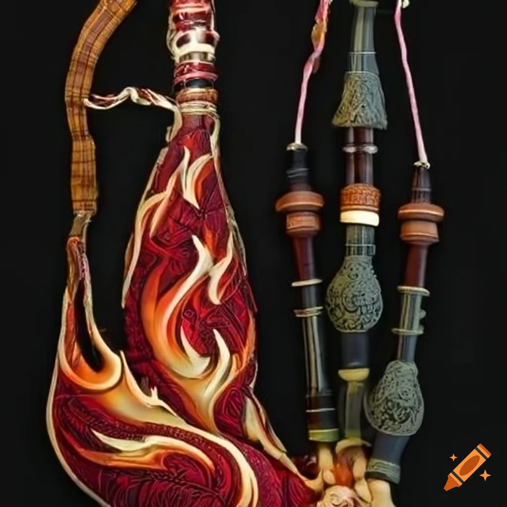 Unique bagpipes with flaming design and animal head embellishments on