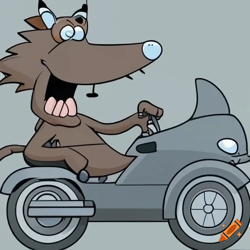A cartoon wolf with an helmet driving a motorcycle