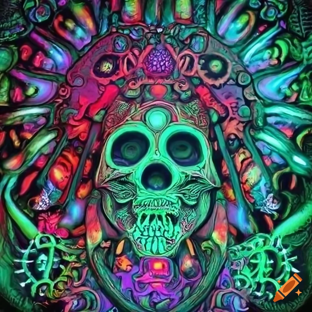 Aztec entities encountered glowing in darkening jungle, psychedelic