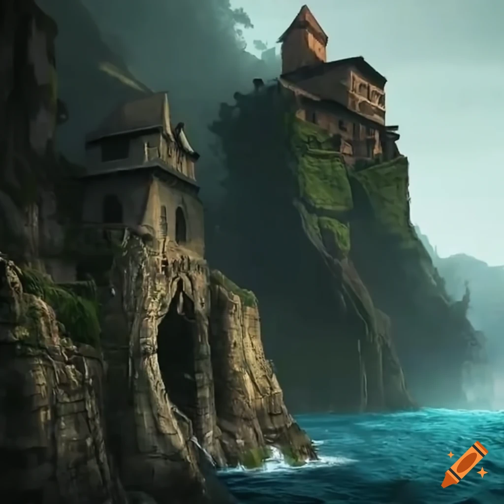 Town built into the side of a cliff overlooking raging waters ...