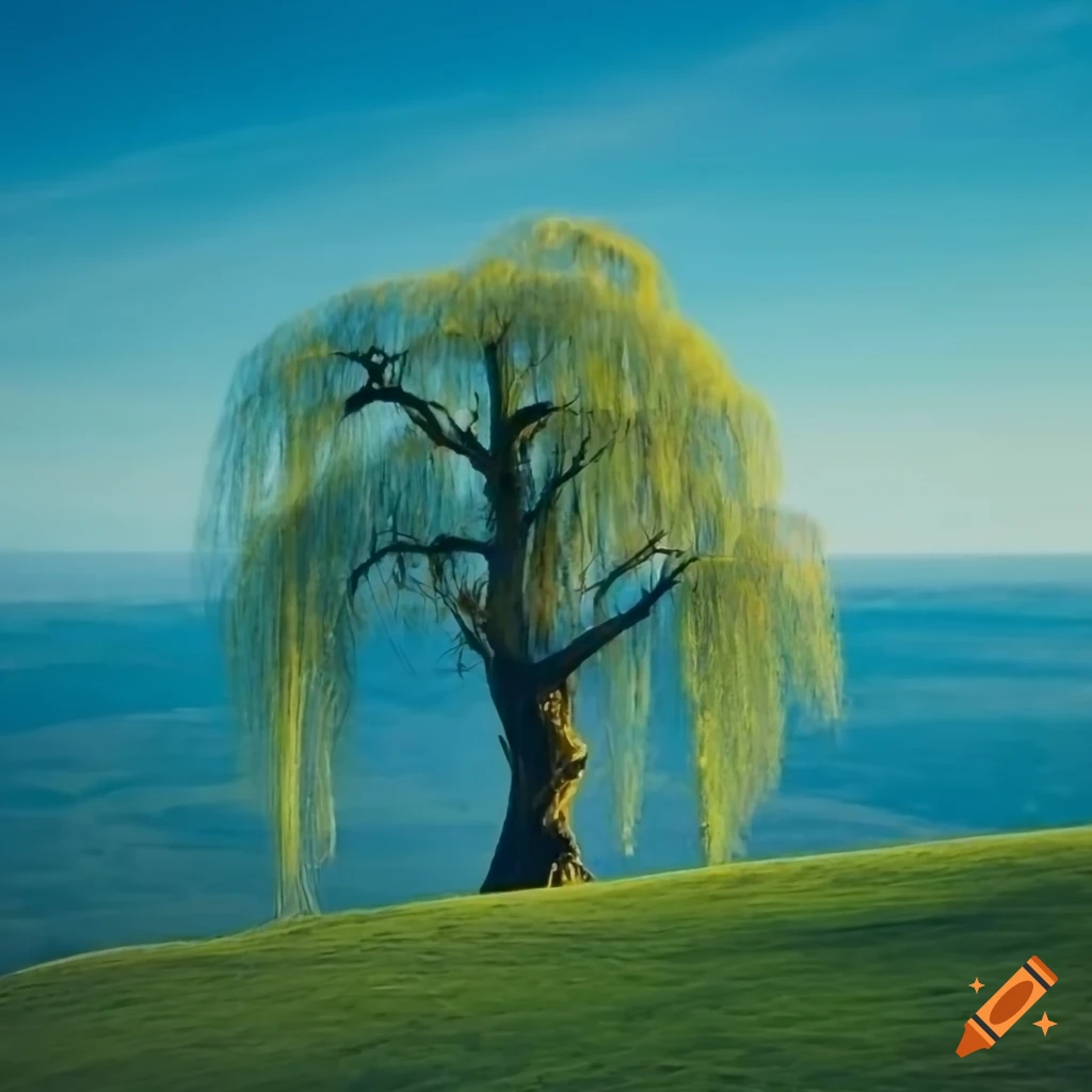 Weeping willow tree on top of rolling hills and a blue sky