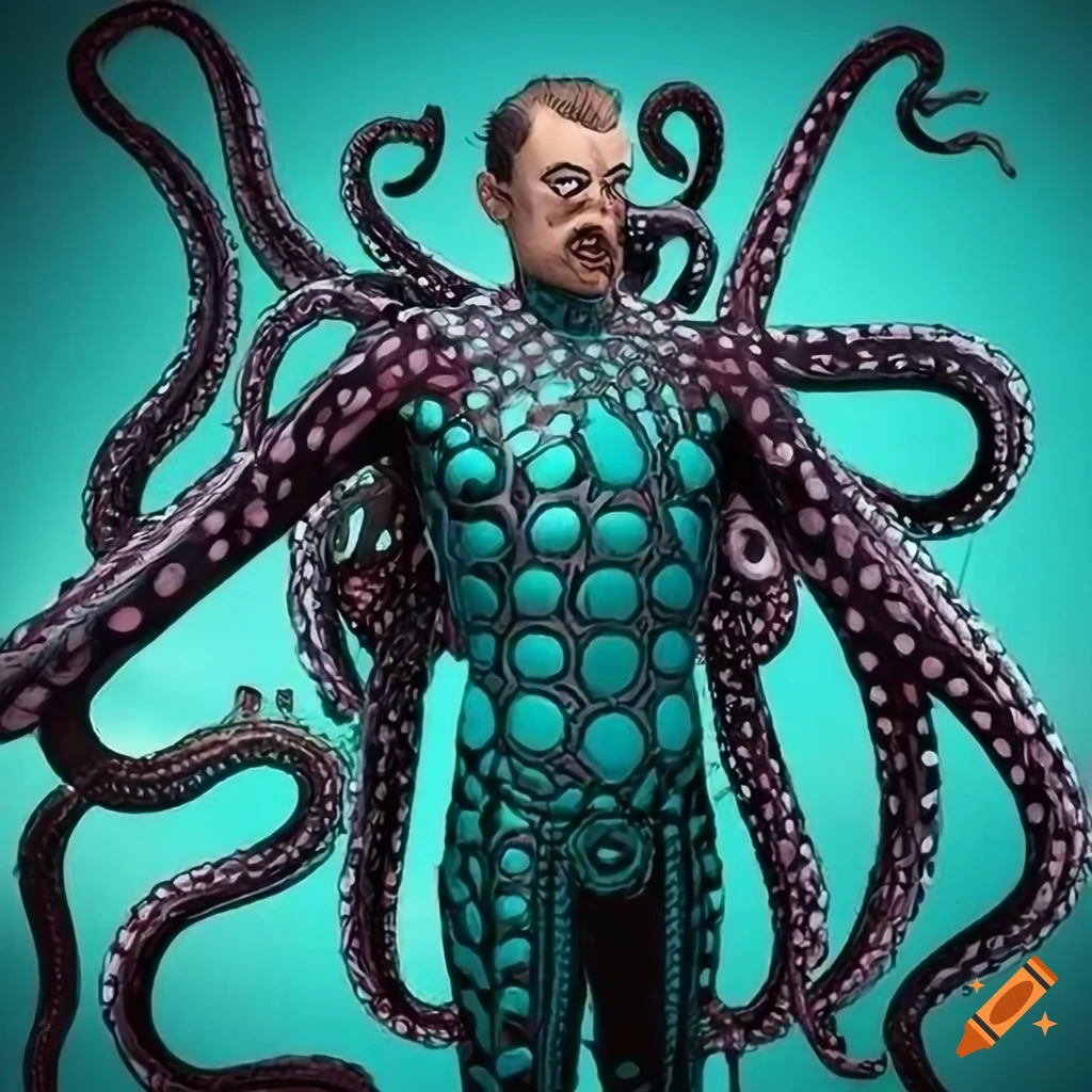 Alfredo molina as otto octavius in comics-accurate superior octopus  costume, white mesh, teal octopus pattern, lime dots, inspired by  spider-man, mechanical tentacles on Craiyon