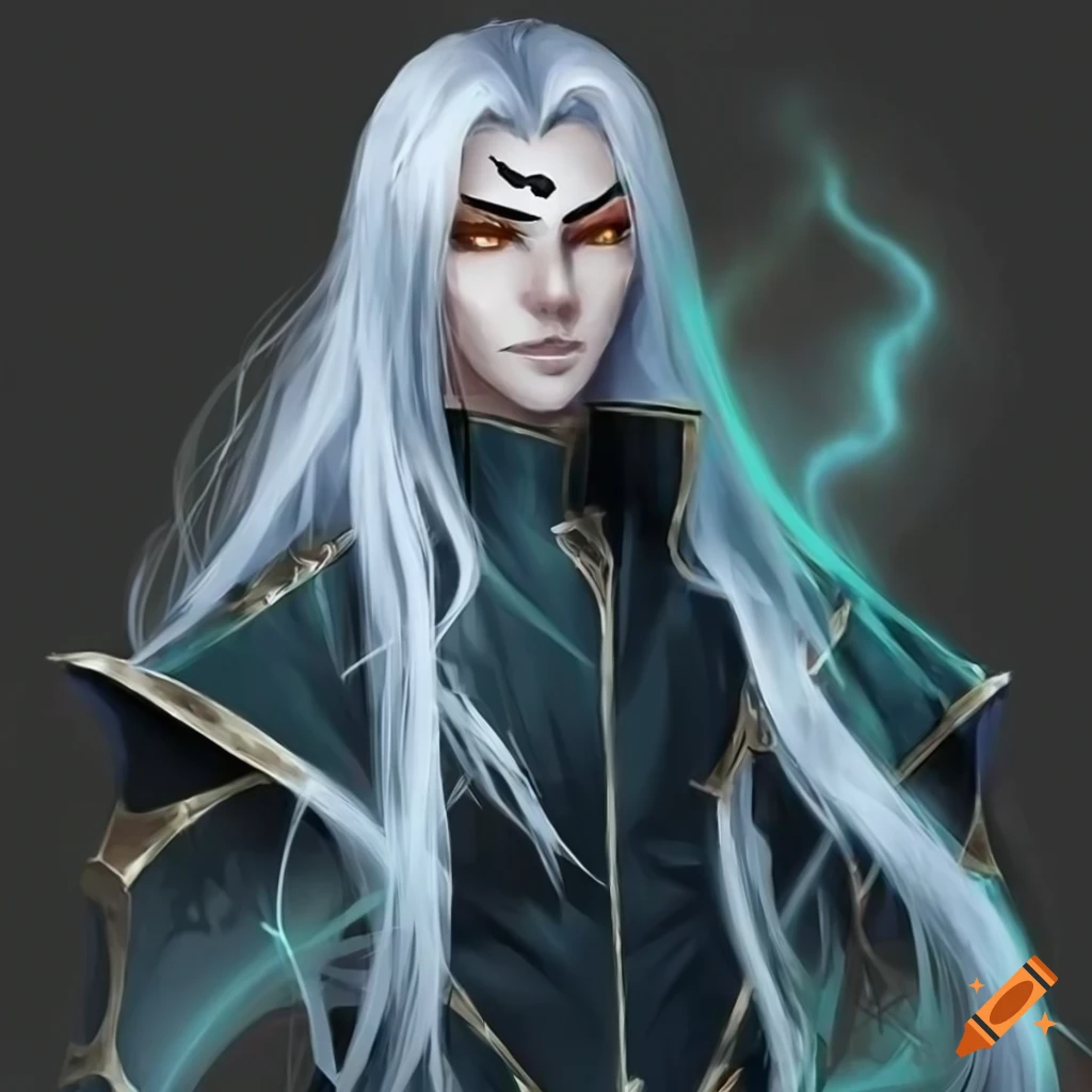 A fantasy male character with long white hair, golden eyes and black ...
