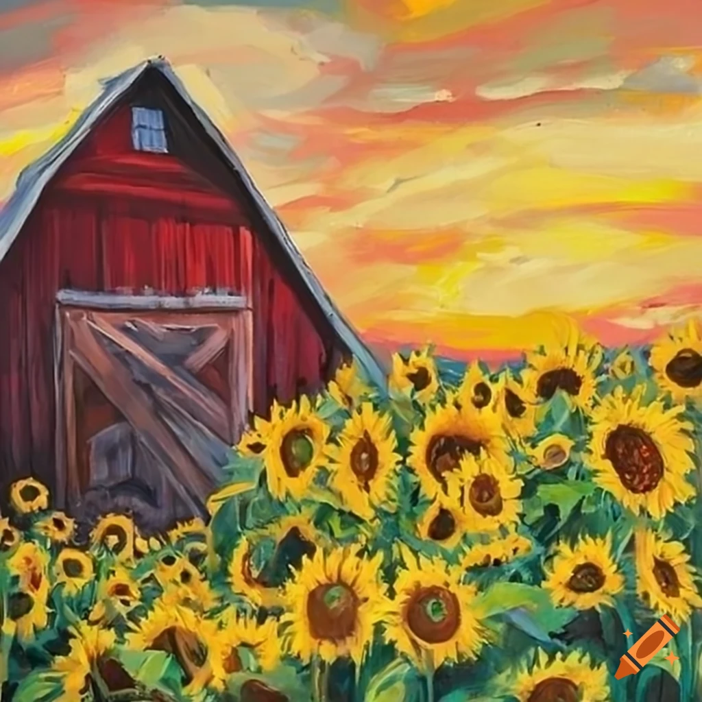 Barn in sunflower field painting