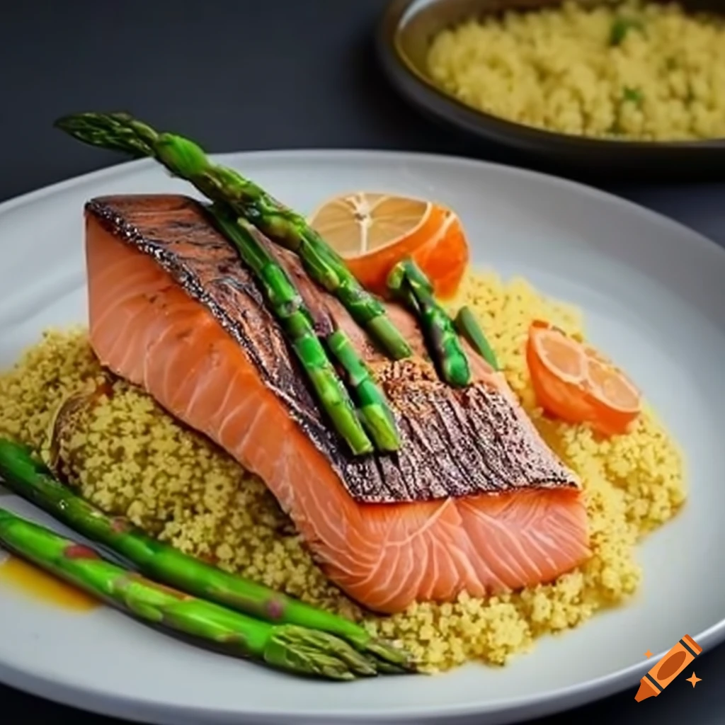Salmon with asparagus and cous cous on Craiyon