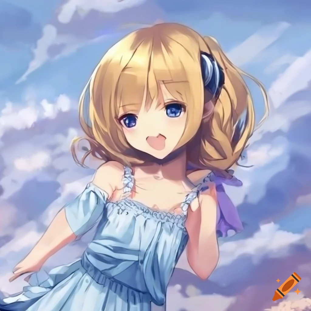 Cute girl, surprised, center position, blonde hair, ribbon of head, off  shoulder, smock light blue, stockings striped of white and blue, falling  down, stretch knees both side, anime illustration, background sky on