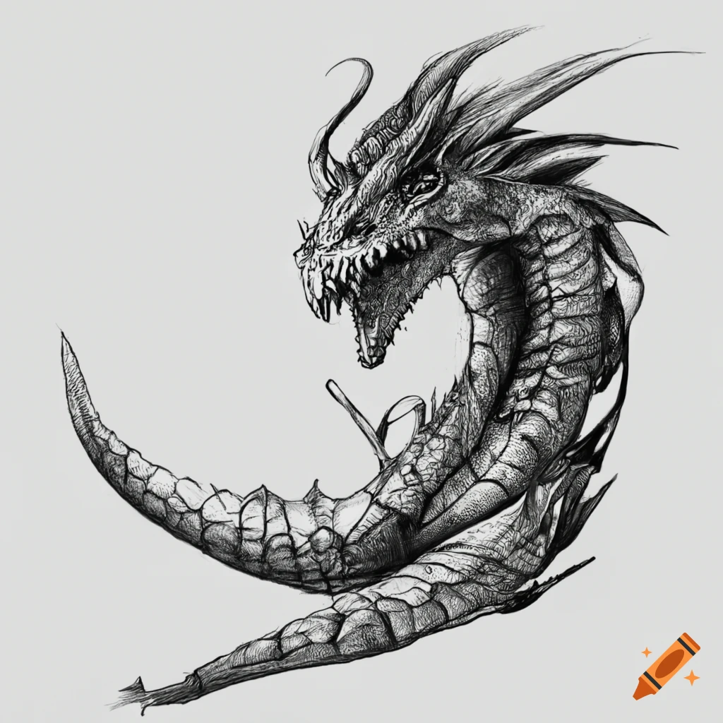 Hatched, hatch shading line art of a dragon, detailed, clean on Craiyon