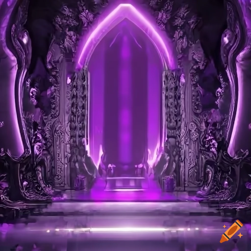 Epic purple ornate futuristic throne room with a long table with chairs, HD, floating glowing purple cubes in the background