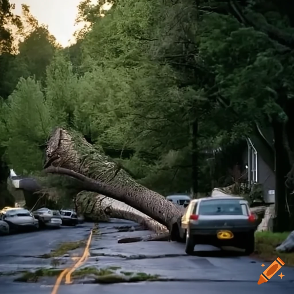Tree cut down blocking road out of suburban neighborhood, photograph