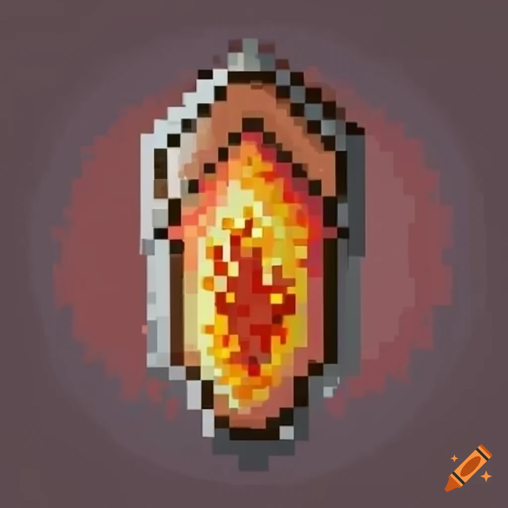 A pixel art shield made of fire on Craiyon