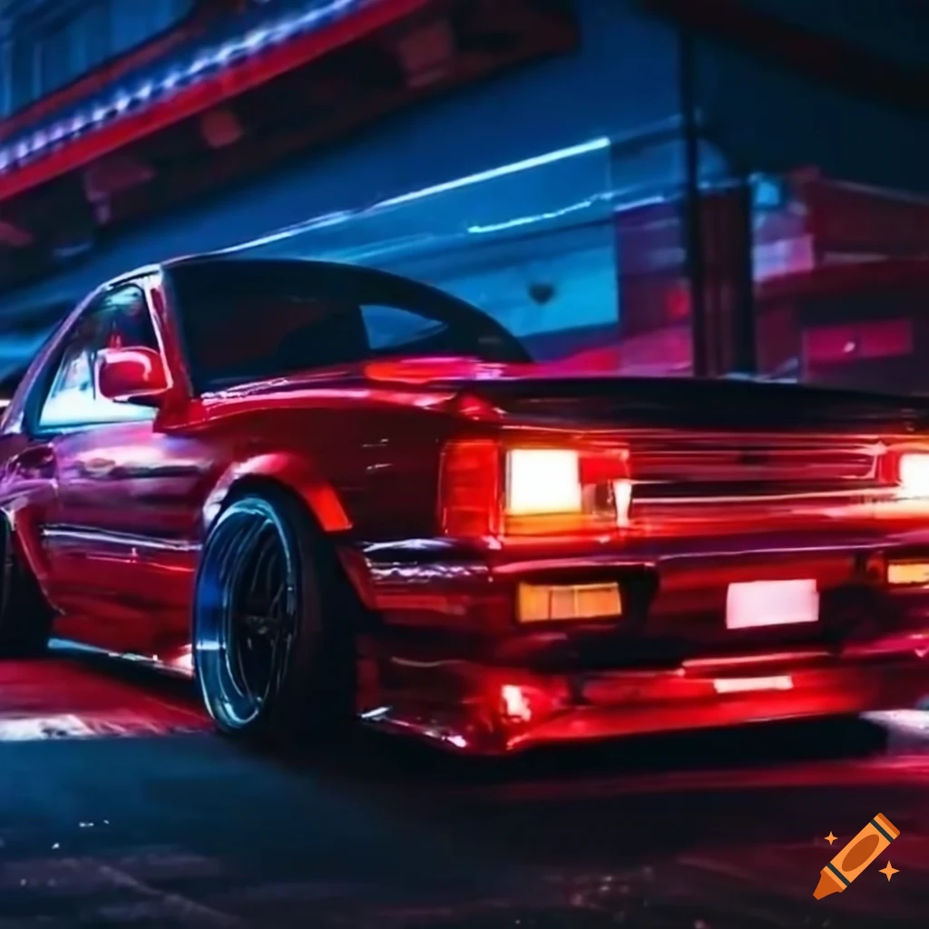 Red japanese car with underglow and black rims drifting at night