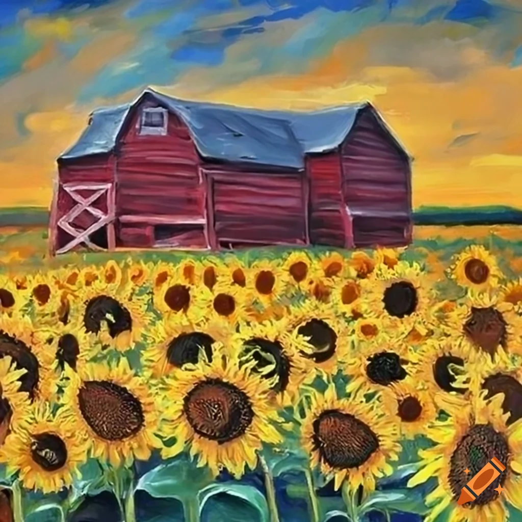 Barn in sunflower field painting on Craiyon
