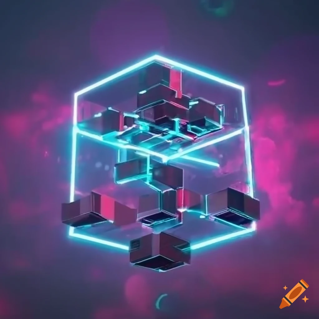 Glowing neon cube floating in a futuristic space environment on Craiyon