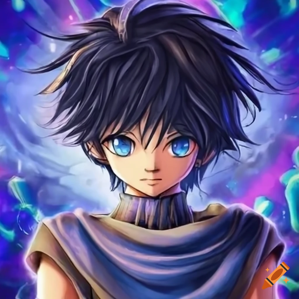 Un avatar of men with black haïr and blue eye that was inspired by final fantasy, dragon Quest univers and manga